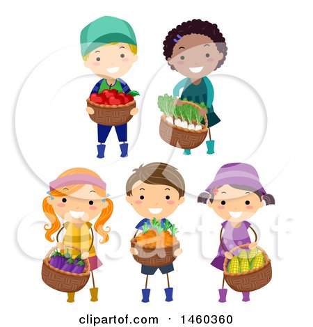 Clipart of a Group of Children Carrying Baskets Full of Harvested Produce - Royalty Free Vector Illustration by BNP Design Studio