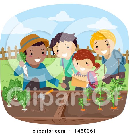 Clipart of a Group of Children Harvesting a Vegetable Garden - Royalty Free Vector Illustration by BNP Design Studio