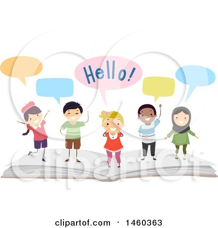 Clipart of a Group of Children Speaking on Top of an Open Book - Royalty Free Vector Illustration by BNP Design Studio