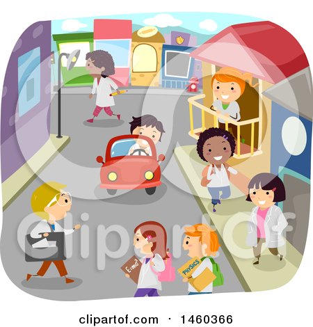 Clipart of a City Street of Busy School Children - Royalty Free Vector Illustration by BNP Design Studio