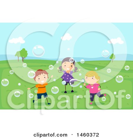 Clipart of a Group of Children Playing with Bubbles in a Park - Royalty Free Vector Illustration by BNP Design Studio