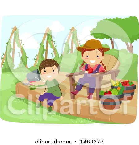 Clipart of a Happy Boy and Girl Relaxing After Harvesting - Royalty Free Vector Illustration by BNP Design Studio