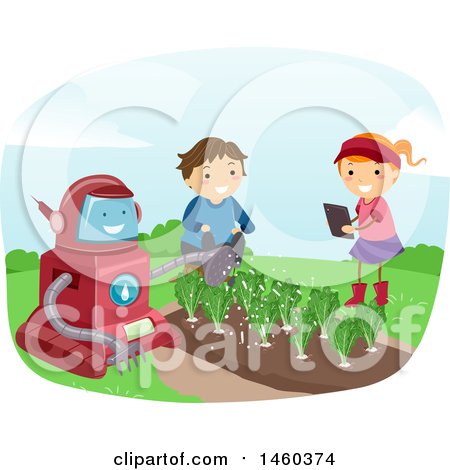 Clipart of a Happy Boy and Girl Watching a Robot Water a Garden - Royalty Free Vector Illustration by BNP Design Studio