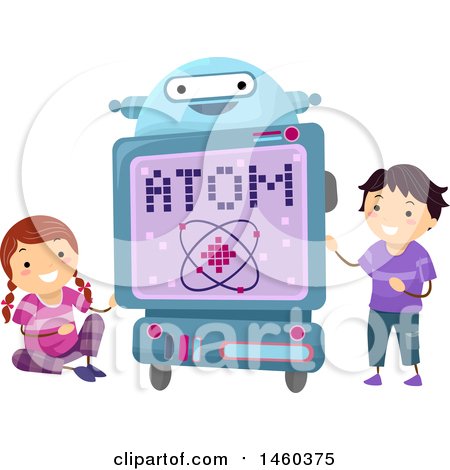 Clipart of a Happy Boy and Girl with a Robot Teacher Talking About Atoms - Royalty Free Vector Illustration by BNP Design Studio