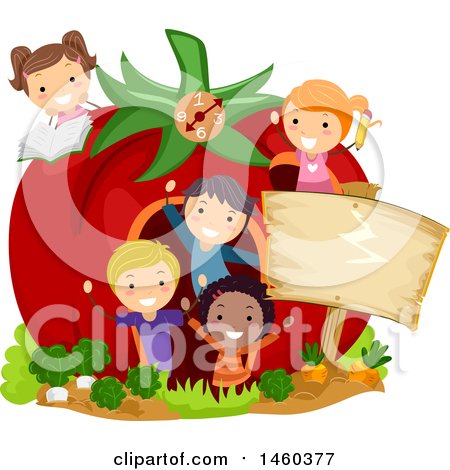 Clipart of a Group of Children in a Giant Tomato House, with a Blank Sign - Royalty Free Vector Illustration by BNP Design Studio