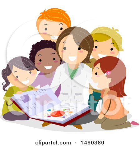 Clipart of a Group of Children and Teacher Discussing Physics - Royalty Free Vector Illustration by BNP Design Studio