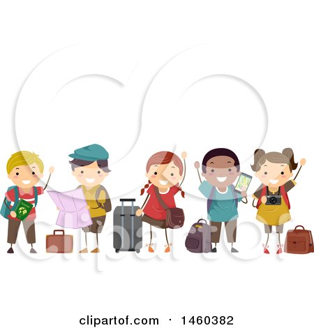 Clipart of a Group of Children with Travel Gear, Waiting in Line and Waving - Royalty Free Vector Illustration by BNP Design Studio