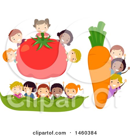 Clipart of Groups of Children with a Giant Tomato, Carrot and Bean Pod - Royalty Free Vector Illustration by BNP Design Studio