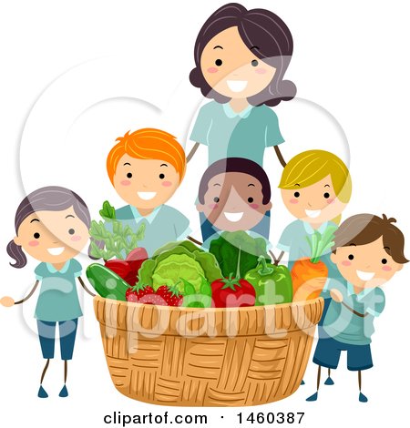 Clipart of a Group of Children and Teacher with a Giant Produce Harvest Basket - Royalty Free Vector Illustration by BNP Design Studio