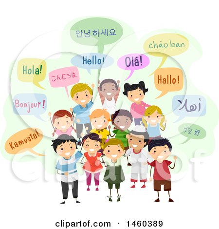 Clipart of a Group of Children and Speech Bubbles Saying Hello in Different Languages - Royalty Free Vector Illustration by BNP Design Studio