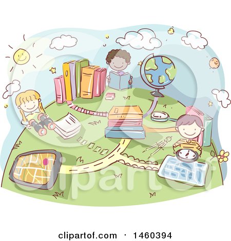 Clipart of a Sketched Group of Children Studying Geography - Royalty Free Vector Illustration by BNP Design Studio