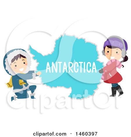 Clipart of Happy Children Around a Map of Antarctica - Royalty Free Vector Illustration by BNP Design Studio