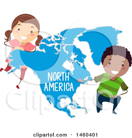 Clipart of Happy Children Around a Map of North America - Royalty Free Vector Illustration by BNP Design Studio