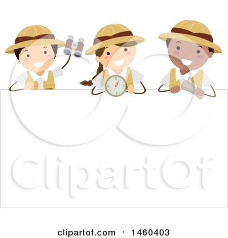 Clipart of a Group of Explorer Children with a Compass, Binoculars and Map over a Sign - Royalty Free Vector Illustration by BNP Design Studio