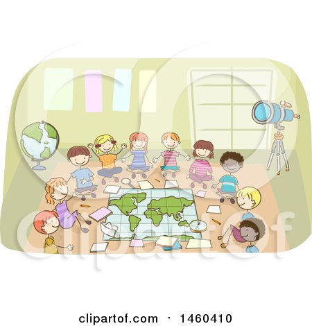 Clipart of a Sketched Group of Children Around a Map in a Class Room - Royalty Free Vector Illustration by BNP Design Studio