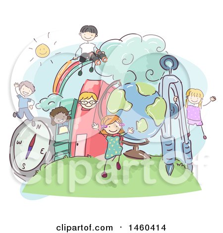 Clipart of a Sketched Group of Children Playing in a Book City - Royalty Free Vector Illustration by BNP Design Studio