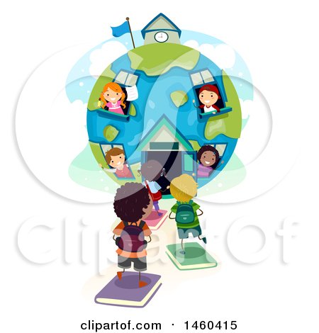 Clipart of a Group of Children in and Headed to a Globe School House - Royalty Free Vector Illustration by BNP Design Studio