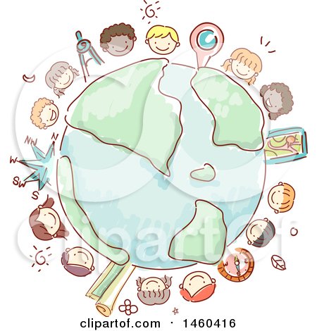 Clipart of a Sketched Group of Children Around Earth - Royalty Free Vector Illustration by BNP Design Studio
