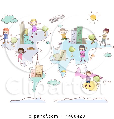 Clipart of a Sketched Map with Children - Royalty Free Vector Illustration by BNP Design Studio
