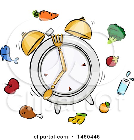 Clipart of a Sketched Ringing Alarm Clock Plate with Silverware and Food - Royalty Free Vector Illustration by BNP Design Studio