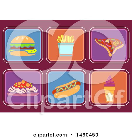 Clipart of Fast Food Icons like Burger, Fries, Pizza, Spaghetti, Hotdog and Sundae - Royalty Free Vector Illustration by BNP Design Studio