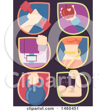 Clipart of Workout Icons with Hands Holding Dumbbell, Apple, Player, Kettle Bell and with Flexing Muscles and with Measuring Waist - Royalty Free Vector Illustration by BNP Design Studio