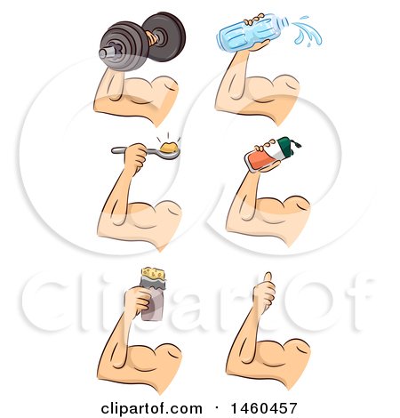 Clipart of Strong Male Arm with Water, Protein and a Dumbbell - Royalty Free Vector Illustration by BNP Design Studio