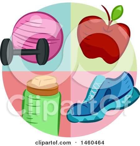 Clipart of a Circle with a Dumbbell, Exercise Ball, Apple, Shoe and Water Bottle - Royalty Free Vector Illustration by BNP Design Studio