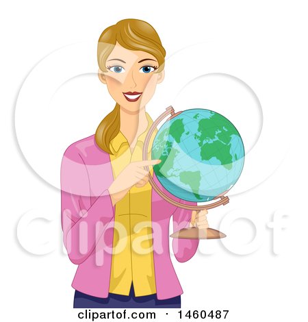 Clipart of a Blond White Female Teacher Holding and Pointing to a Desk Globe - Royalty Free Vector Illustration by BNP Design Studio
