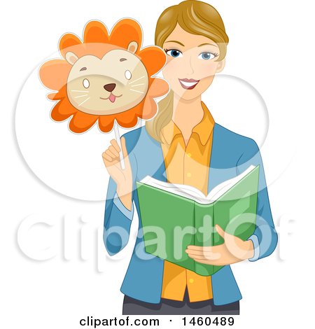 Clipart of a Blond White Female Teacher Holding a Lion Mask and Reading a Story Book - Royalty Free Vector Illustration by BNP Design Studio