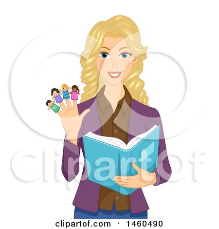 Clipart of a Blond White Female Teacher Reading a Book and Wearing Finger Puppets - Royalty Free Vector Illustration by BNP Design Studio