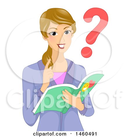 Clipart of a Blond White Female Teacher Asking a Question and Reading a Book - Royalty Free Vector Illustration by BNP Design Studio