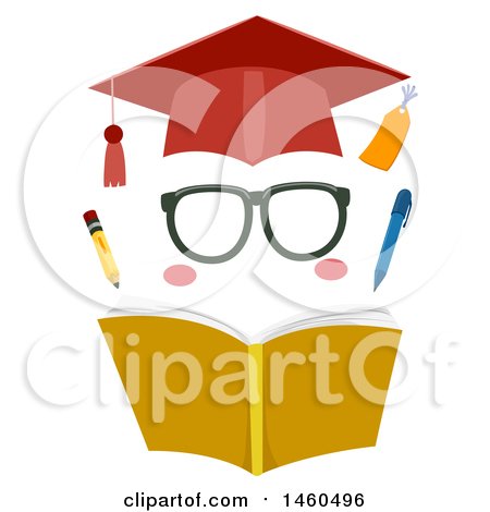 Clipart of Funny Face Graduate Elements Consisting of a Graduation Cap, Eyeglasses, Opened Book, Pencil and Pen - Royalty Free Vector Illustration by BNP Design Studio
