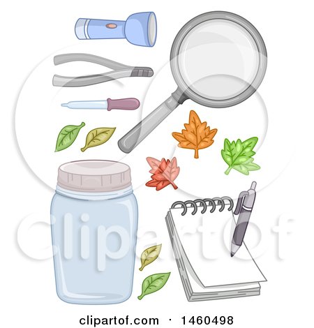 Clipart of a Flash Light, Tongs, Dropper, Leaves, Magnifying Glass, Jar, Notepad and Pen for a Science Experiment - Royalty Free Vector Illustration by BNP Design Studio