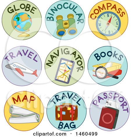Clipart of Labels for Globe, Binoculars, Compass, Travel, Navigator, Books, Map, Travel Bag and Passport - Royalty Free Vector Illustration by BNP Design Studio