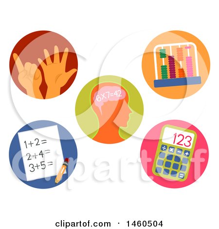 Clipart of Computing Icons Through Hand, Paper, in Head, Calculator and Abacus - Royalty Free Vector Illustration by BNP Design Studio