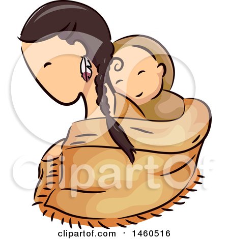 Clipart of a Sketched Native American Woman and Child in a Papoose - Royalty Free Vector Illustration by BNP Design Studio