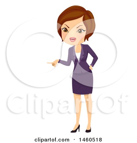 Clipart of a Short Haired Brunette Angry Caucasian Business Woman Pointing - Royalty Free Vector Illustration by BNP Design Studio