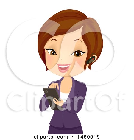 Clipart of a Short Haired Brunette Caucasian Business Woman Wearing an Earpiece and Using a Smart Phone - Royalty Free Vector Illustration by BNP Design Studio