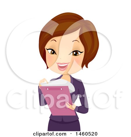 Clipart of a Short Haired Brunette Caucasian Business Woman Looking Through Paper Work - Royalty Free Vector Illustration by BNP Design Studio