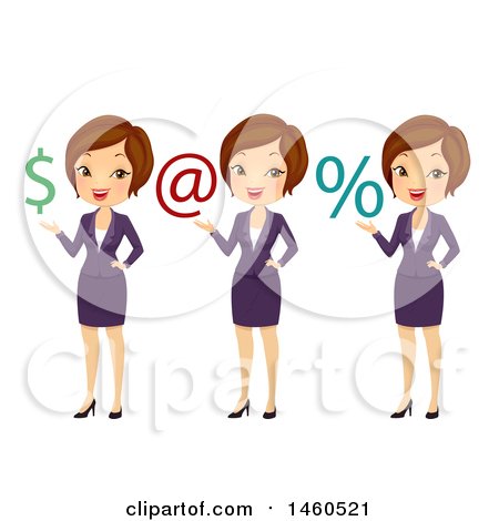 Clipart of a Short Haired Brunette Caucasian Business Woman Presenting a Dollar Sign, Email Sign, and Percent Symbol - Royalty Free Vector Illustration by BNP Design Studio