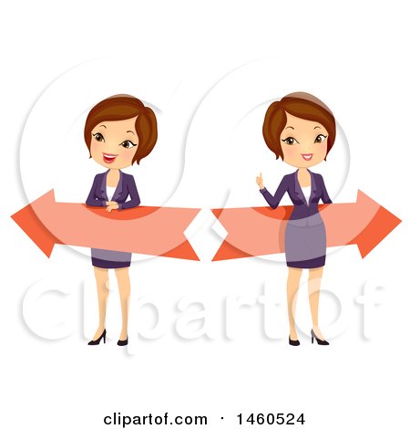 Clipart of a Short Haired Brunette Caucasian Business Woman with Left and Right Arrows - Royalty Free Vector Illustration by BNP Design Studio