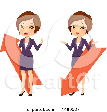 Clipart of a Short Haired Brunette Caucasian Business Woman with up and down Arrows - Royalty Free Vector Illustration by BNP Design Studio