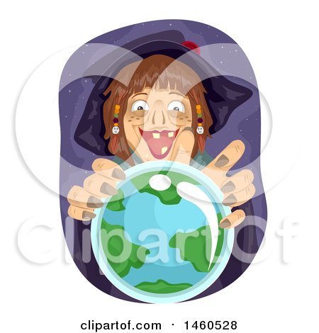 Clipart of a Scary Witch over a Crystal Ball with Earth - Royalty Free Vector Illustration by BNP Design Studio