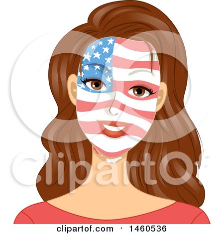 Clipart of a Patriotic Brunette Caucasian Woman with an American Flag Painted on Her Face - Royalty Free Vector Illustration by BNP Design Studio