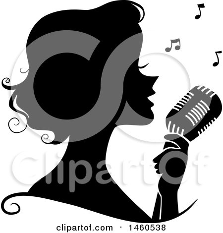 Clipart of a Black and White Silhouetted Woman Singing into a Microphone - Royalty Free Vector Illustration by BNP Design Studio