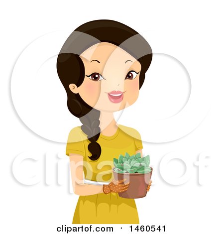 Clipart of a Happy Woman Holding a Potted Succulent Graptoveria Moonglow Plant - Royalty Free Vector Illustration by BNP Design Studio