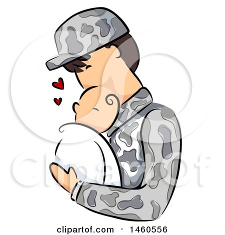 Clipart of a Sketched Army Soldier Father Holding a Newborn Baby - Royalty Free Vector Illustration by BNP Design Studio