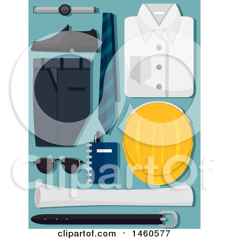 Clipart of an Engineer Uniform with Hard Hat, Sunglasses, Notebook, Pen and Blue Print - Royalty Free Vector Illustration by BNP Design Studio