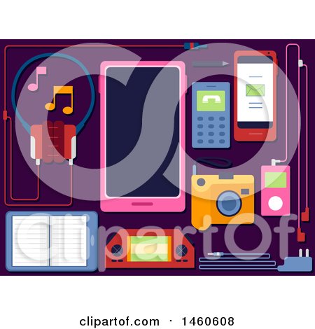 Clipart of a Headset, Tablet, Mobile Phone, Camera, MP3 Player, Pen and Cables - Royalty Free Vector Illustration by BNP Design Studio